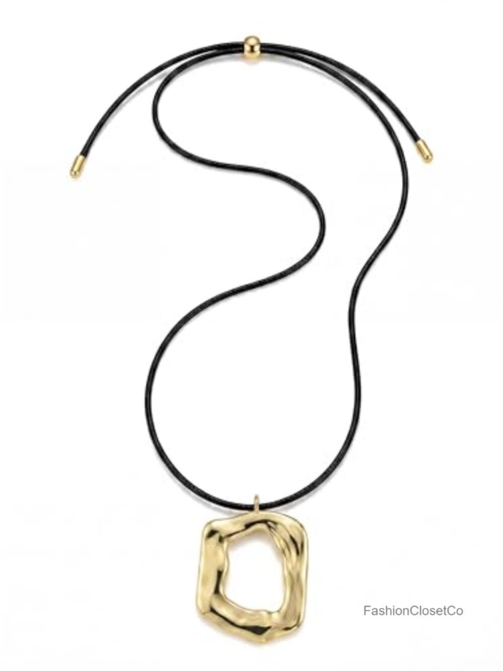 Black Cord Leather Necklace with Gold-Tone Hollow Square Pendant - Long Boho